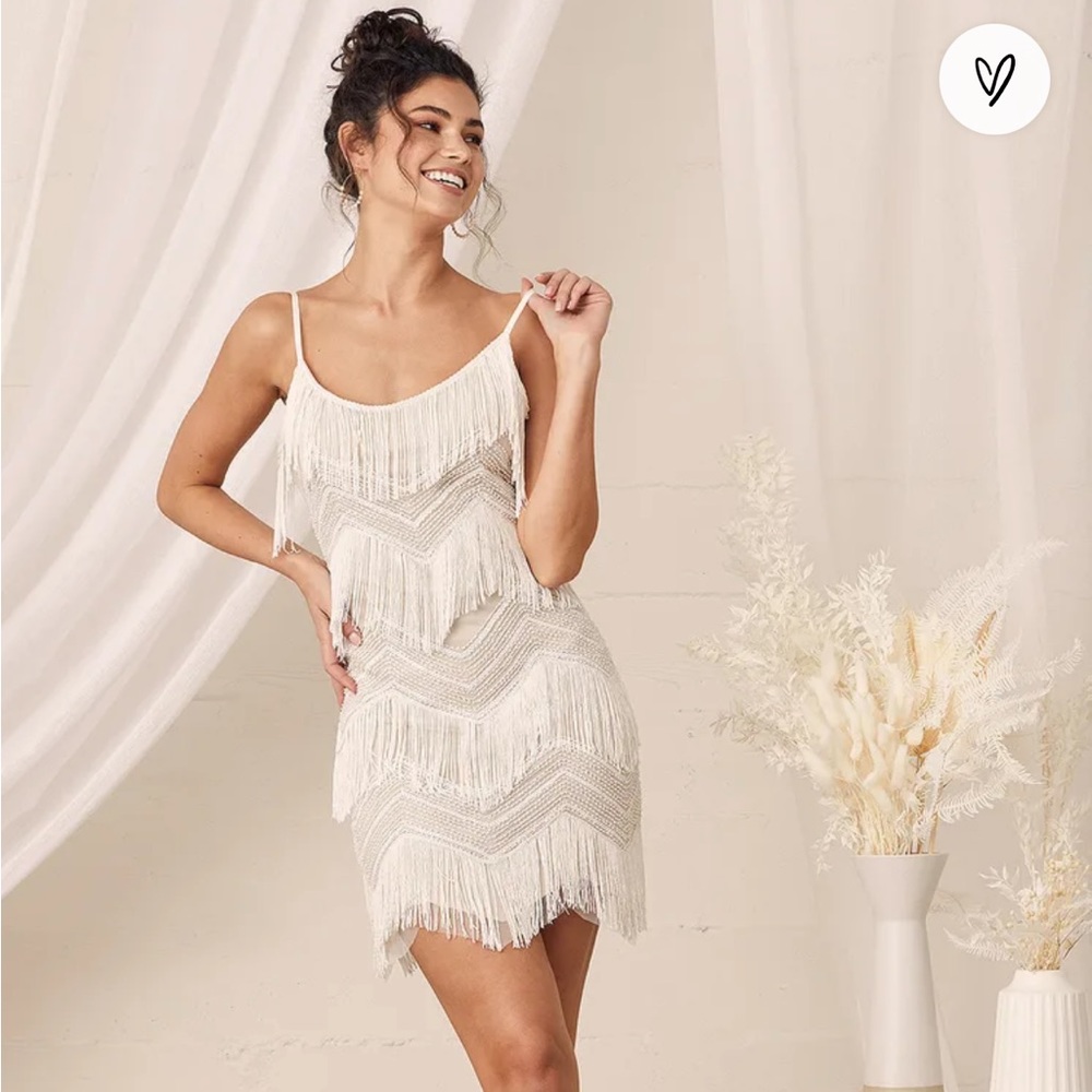 Lulus Shake it Off White Sequin Fringe Sleeveless Mini Dress